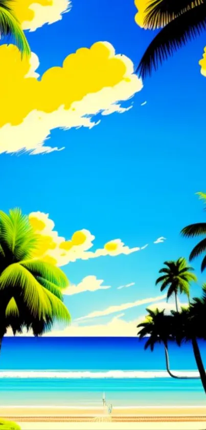 Vibrant tropical beach with palm trees and a bright blue sky.