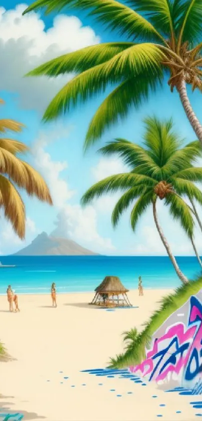 Tropical beach scene with palm trees and ocean in vibrant colors.