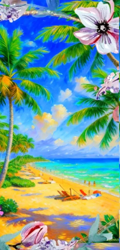 Tropical beach wallpaper with palm trees and ocean waves.