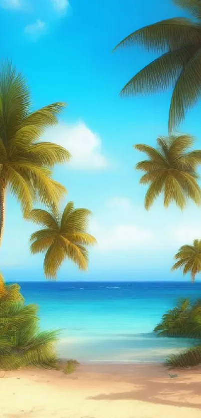 Tropical beach with palm trees under a bright blue sky.