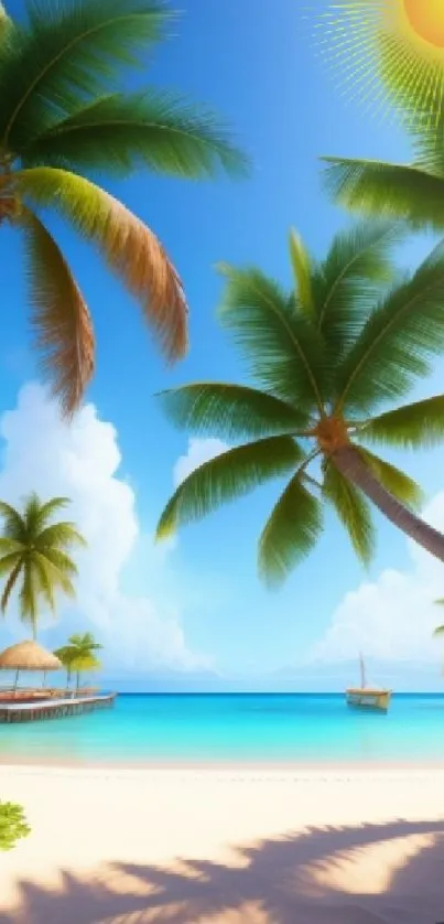 Tropical beach with palm trees under a bright blue sky.