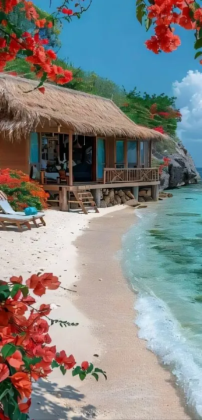 Serene beach hut with flowers and clear ocean water.