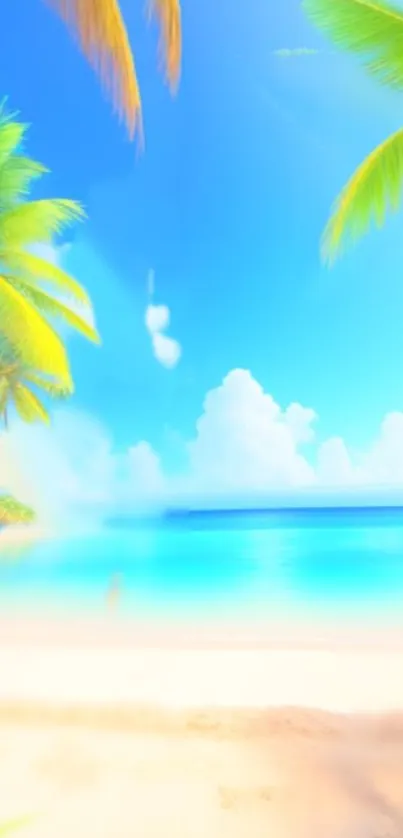 Tropical beach scene with vibrant palm trees and blue ocean.