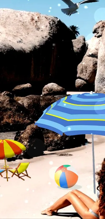 Beach scene with umbrellas and rocks.