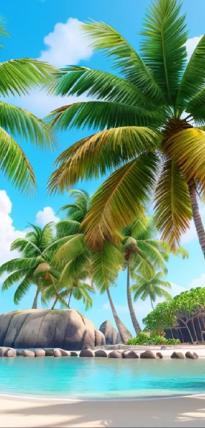 Tropical beach wallpaper with palm trees and clear blue waters on a sunny day.