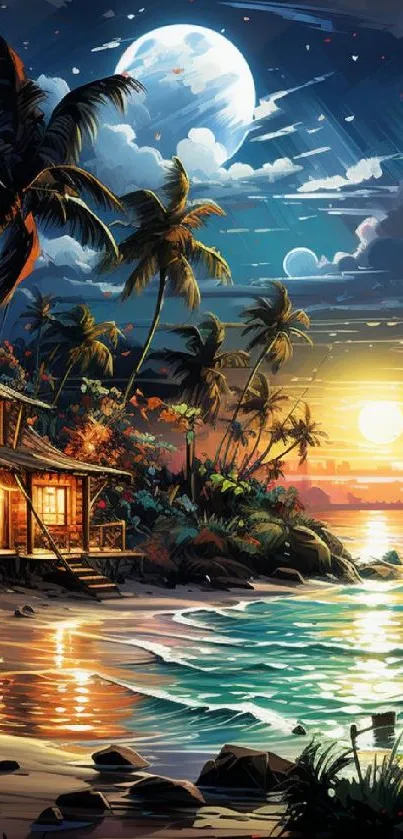 Tropical beach sunset wallpaper with palm trees and ocean view.