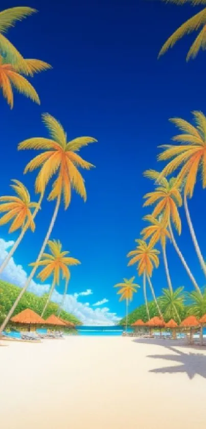 Tropical beach with palm trees under a clear blue sky for phone wallpaper.