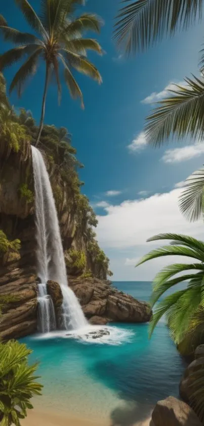 Tropical beach scene with palm trees and waterfall.