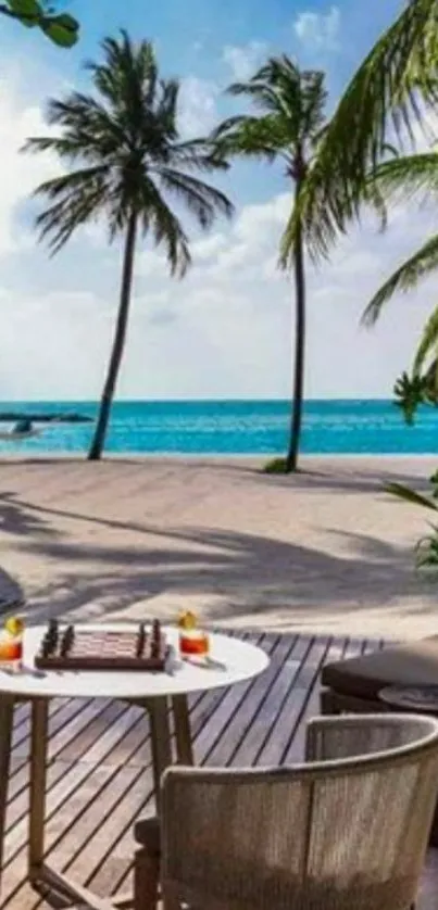 Tropical beach view with palm trees and ocean.