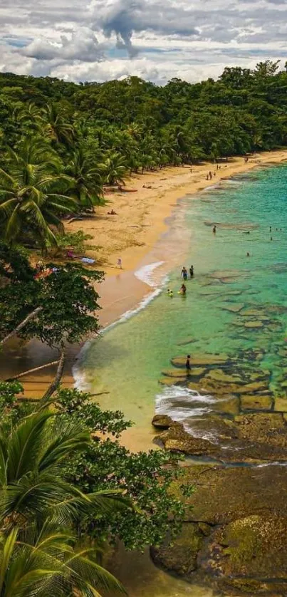 Tropical beach with lush greenery and clear turquoise water.