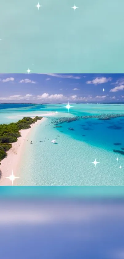 Aerial view of a tropical beach with turquoise water and clear blue skies.