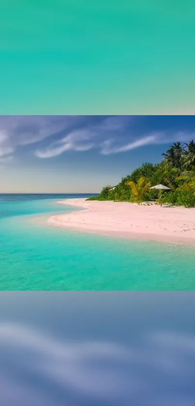 Tropical beach with clear water and blue sky wallpaper.