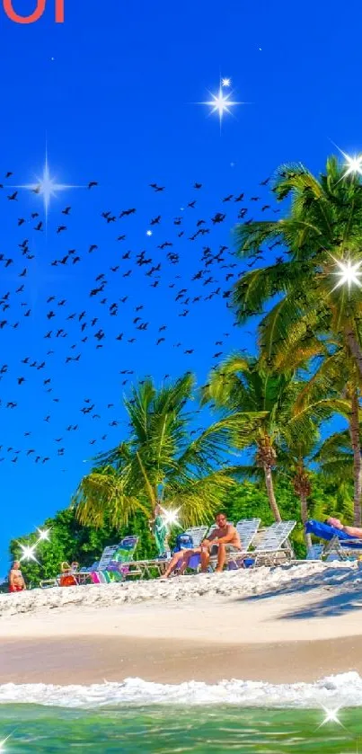 Tropical beach with palm trees and blue sky.