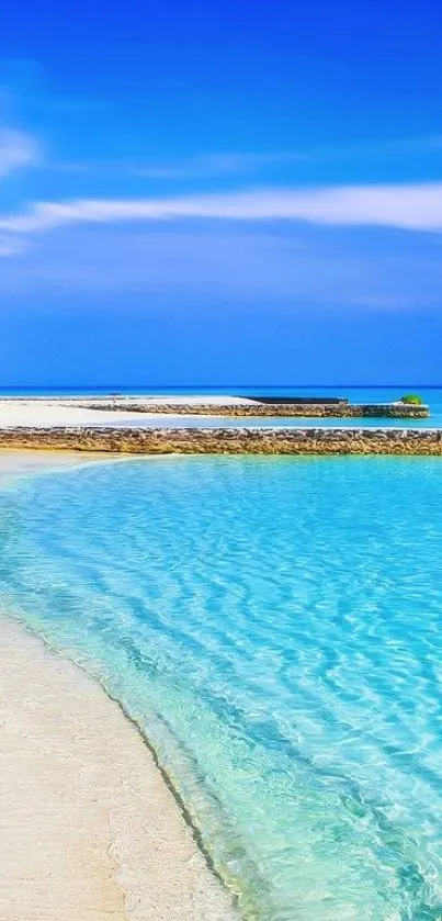 Stunning tropical beach with clear blue waters and serene sky.