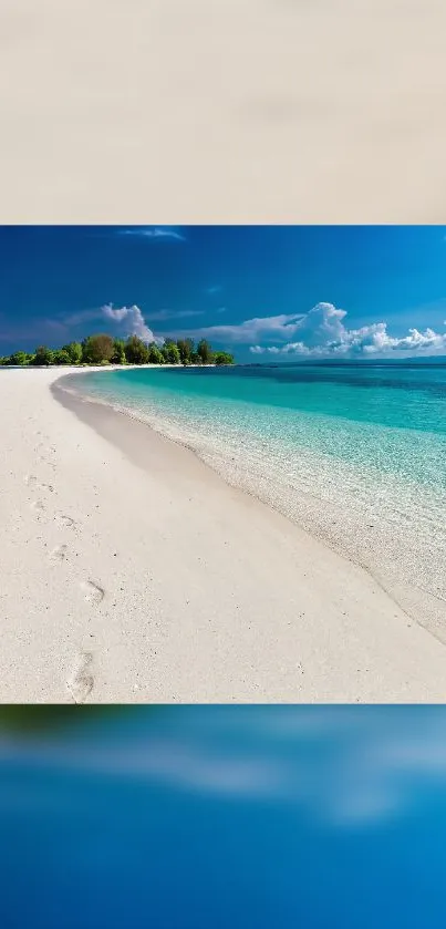 Tranquil tropical beach with blue water and white sand.