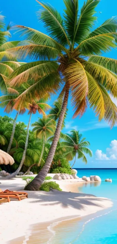 Serene tropical beach with palm trees and azure ocean under a bright blue sky.