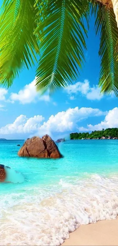 Tropical beach scene with turquoise water and palm trees.