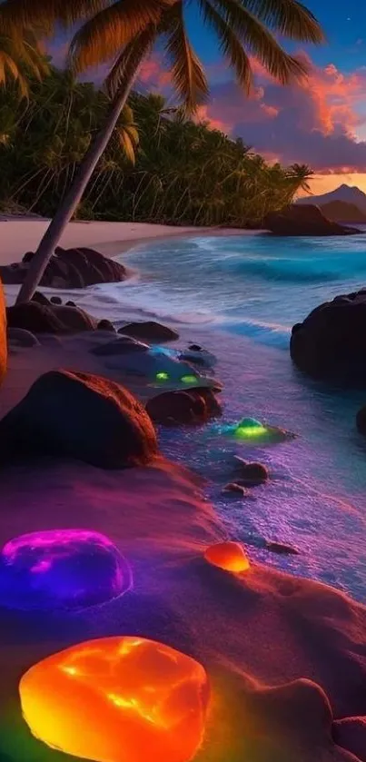 Tropical beach with glowing stones at sunset, featuring palm trees and vibrant colors.