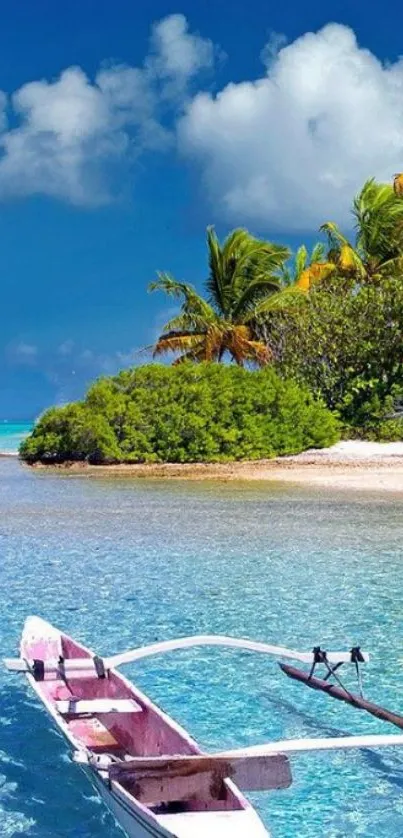 Tranquil tropical beach with a boat and palm trees under a clear sky.