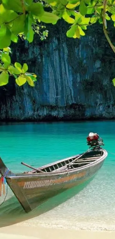 Lone boat by turquoise tropical waters with lush foliage and sandy beach.