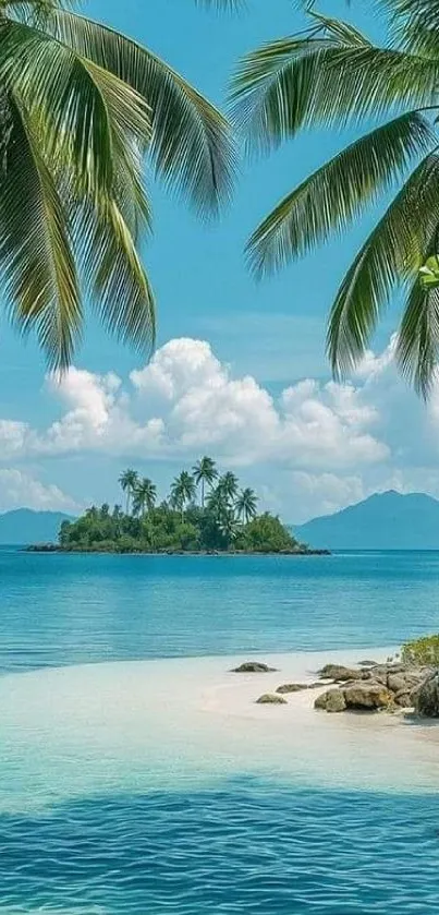 A tranquil tropical beach with palm trees and a distant island under blue skies.