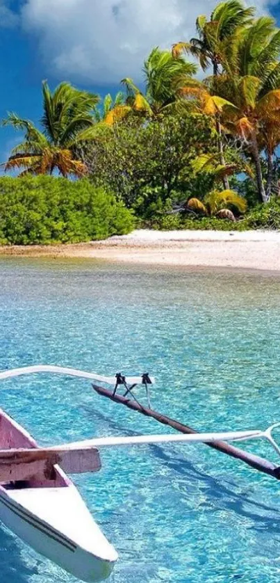 Tropical beach with clear water, palm trees, and a boat in the foreground.