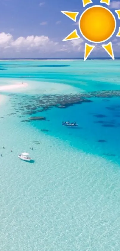 A stunning tropical beach with turquoise waters and a bright sun in the sky.