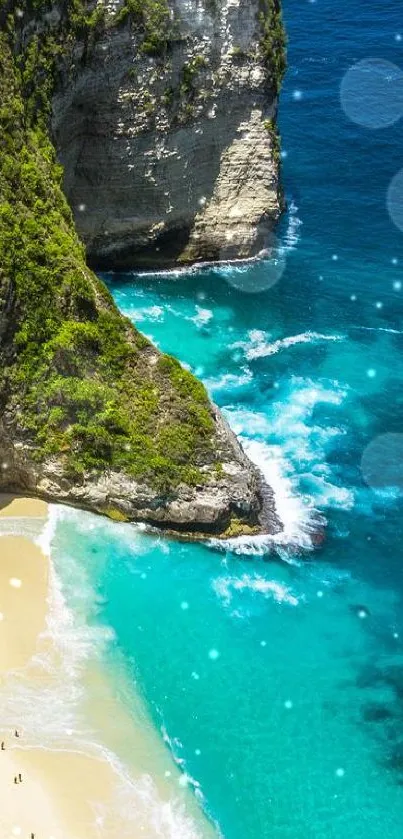 Azure ocean and tropical beach with lush cliffs and golden sands.