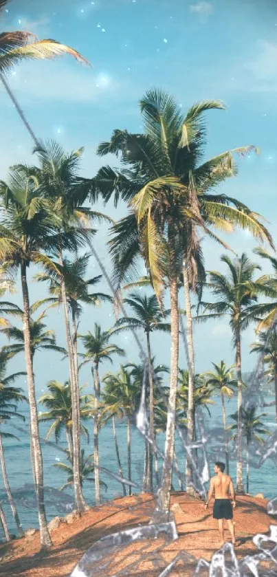 Man stands among palm trees on a tropical beach under clear blue sky.