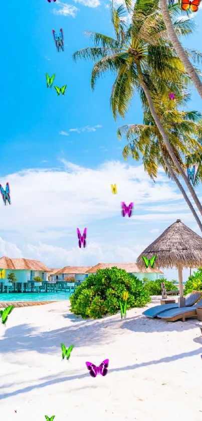 Tropical beach scene with palm trees and turquoise waters under a clear sky.