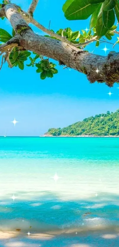 A stunning beach scene with turquoise waters and clear blue skies.