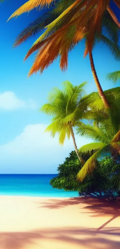 Tropical beach scene with palm trees and blue sky.