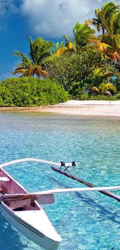 Tropical beach with palm trees and clear blue water in a serene setting.