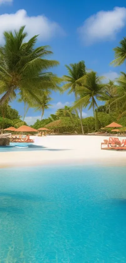 Tropical beach with palm trees and blue sea under a sunny sky.