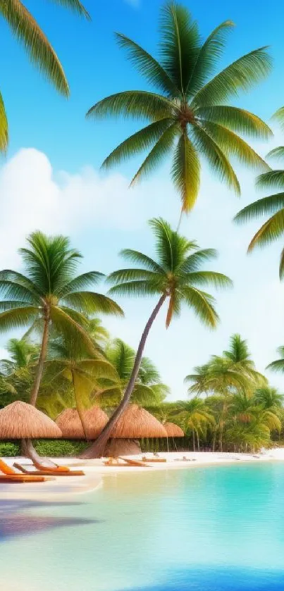 A stunning tropical beach scene with palms and pristine water under a blue sky.