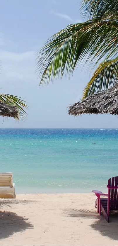 Tropical beach with palm trees and ocean view, perfect for relaxation.