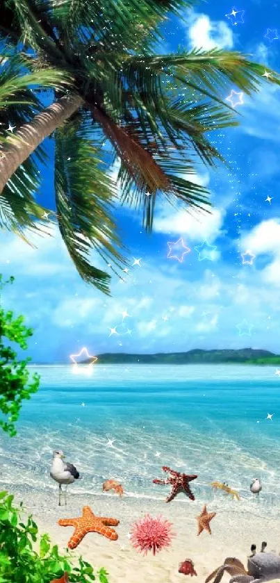 Tropical beach with palm trees and ocean view on a sunny day.