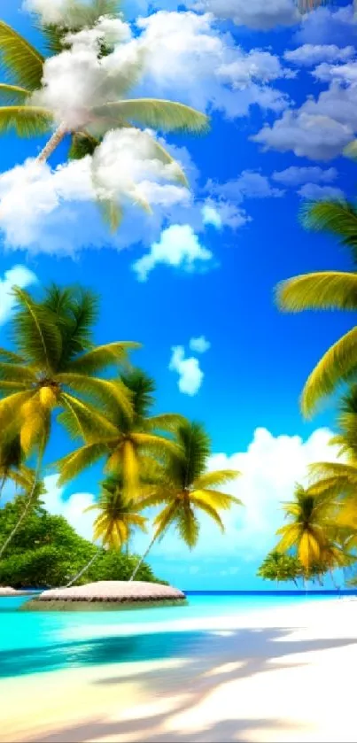 Vibrant tropical beach with palm trees and blue sky wallpaper.