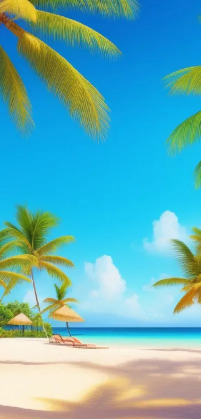 Tropical beach with palm trees and bright blue sky.