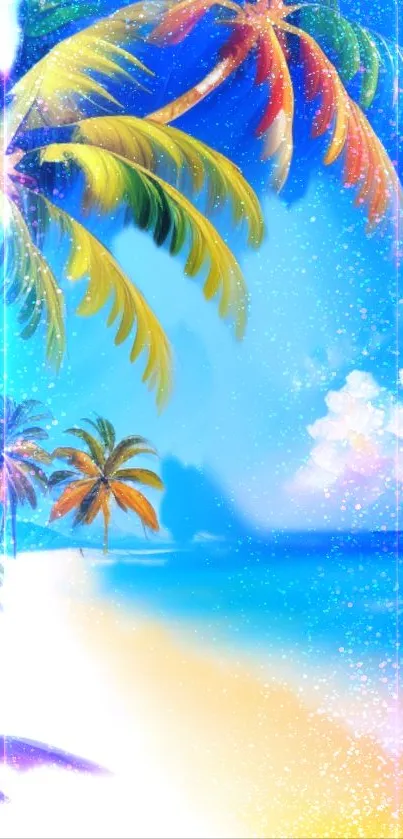 Tropical beach wallpaper with palm trees and blue ocean view.