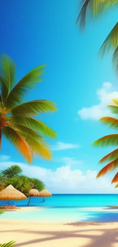 Tropical beach with palm trees by a clear blue ocean under a sunny sky.