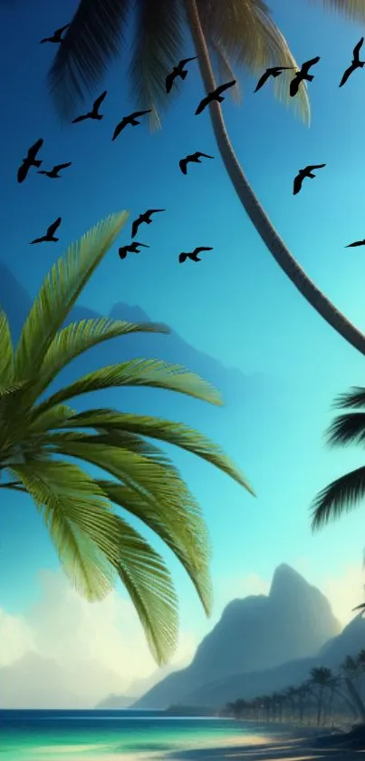 Tropical beach wallpaper with palm trees and birds in a clear blue sky.