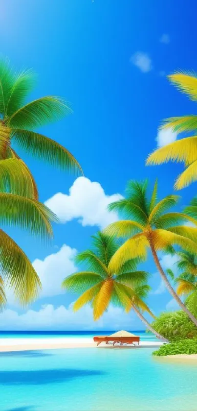 Beautiful tropical beach with palm trees and clear blue sky.