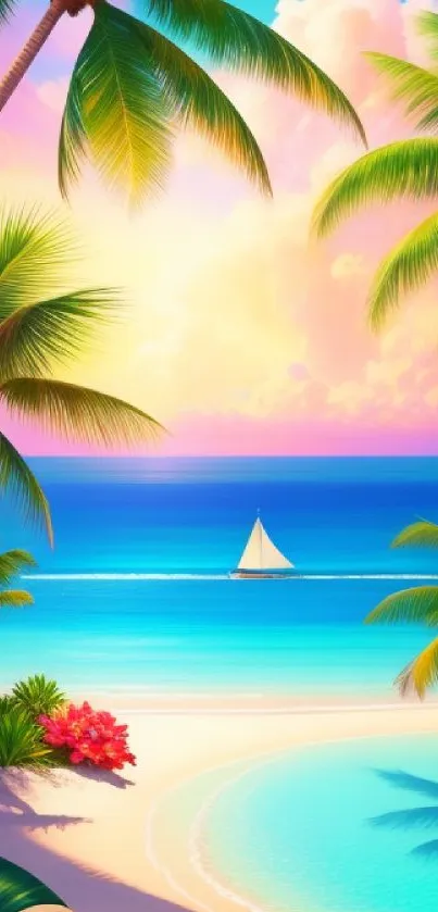 Tropical paradise wallpaper with palms, beach, and vibrant sky.