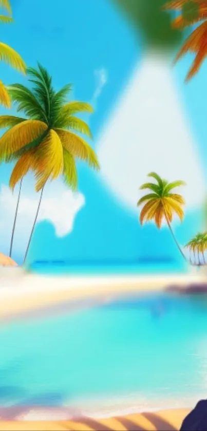 Tropical beach wallpaper with palm trees and blue ocean.