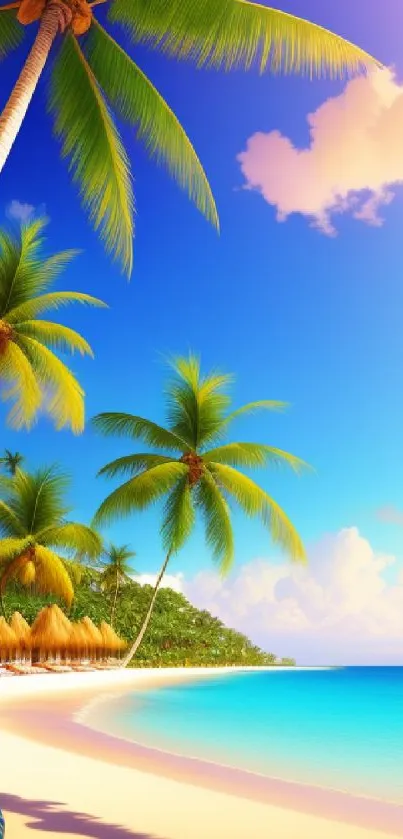 Tropical beach with palm trees under a clear blue sky.