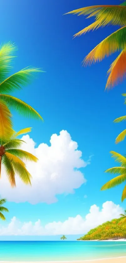 Vibrant tropical beach with palms and clear blue skies.