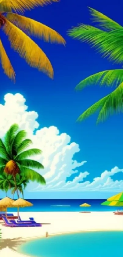 Vibrant tropical beach wallpaper with palm trees and blue sky.