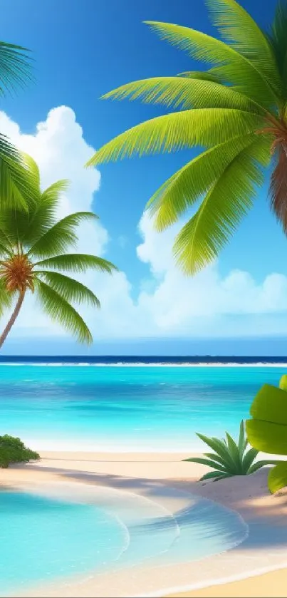 Tropical beach scene with palm trees and turquoise waters under a clear sky.