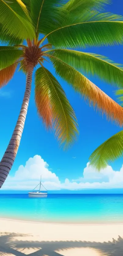 Tropical beach with palm trees under a blue sky, perfect for a serene mobile wallpaper.